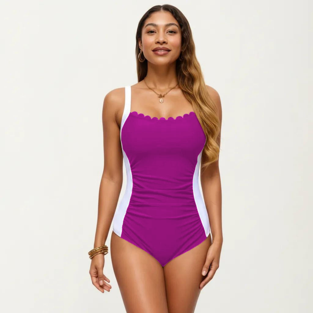 Anna-Kaci Swim Women's One Piece Swimsuit with Scalloped Neckline Contour Side Panels and Adjustable Straps