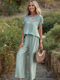 Conjunto de dos piezas para mujer Anna-Kaci con top con detalle bordado y pantalones de pierna ancha
