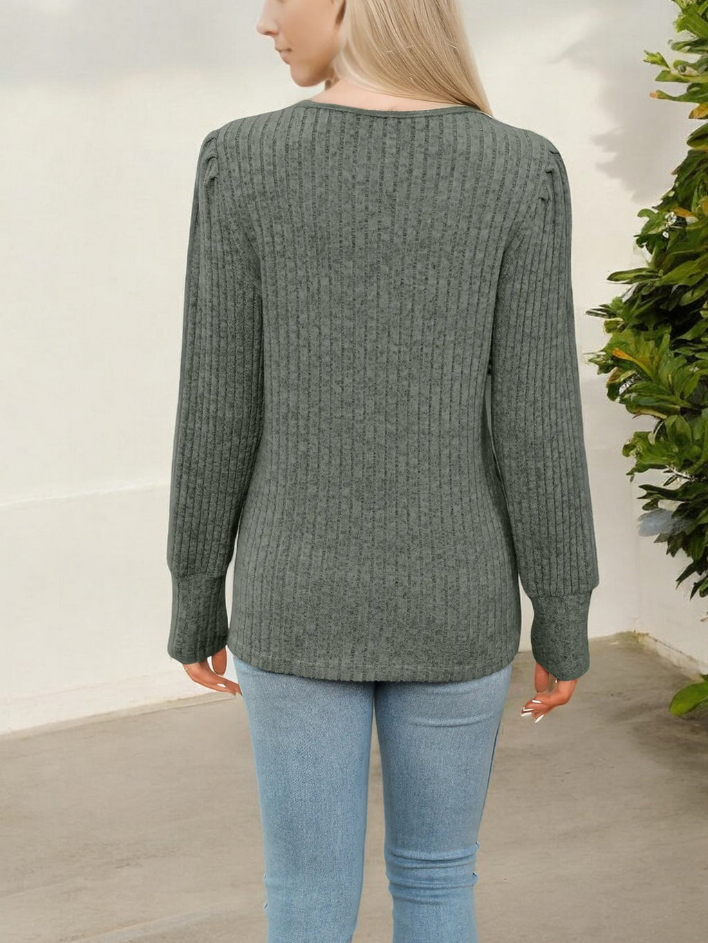 Women's V-Neck Ribbed Knit Sweater with Lace Trim Detail