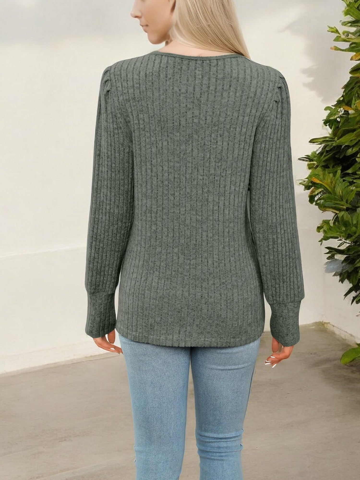 Women's V-Neck Ribbed Knit Sweater with Lace Trim Detail