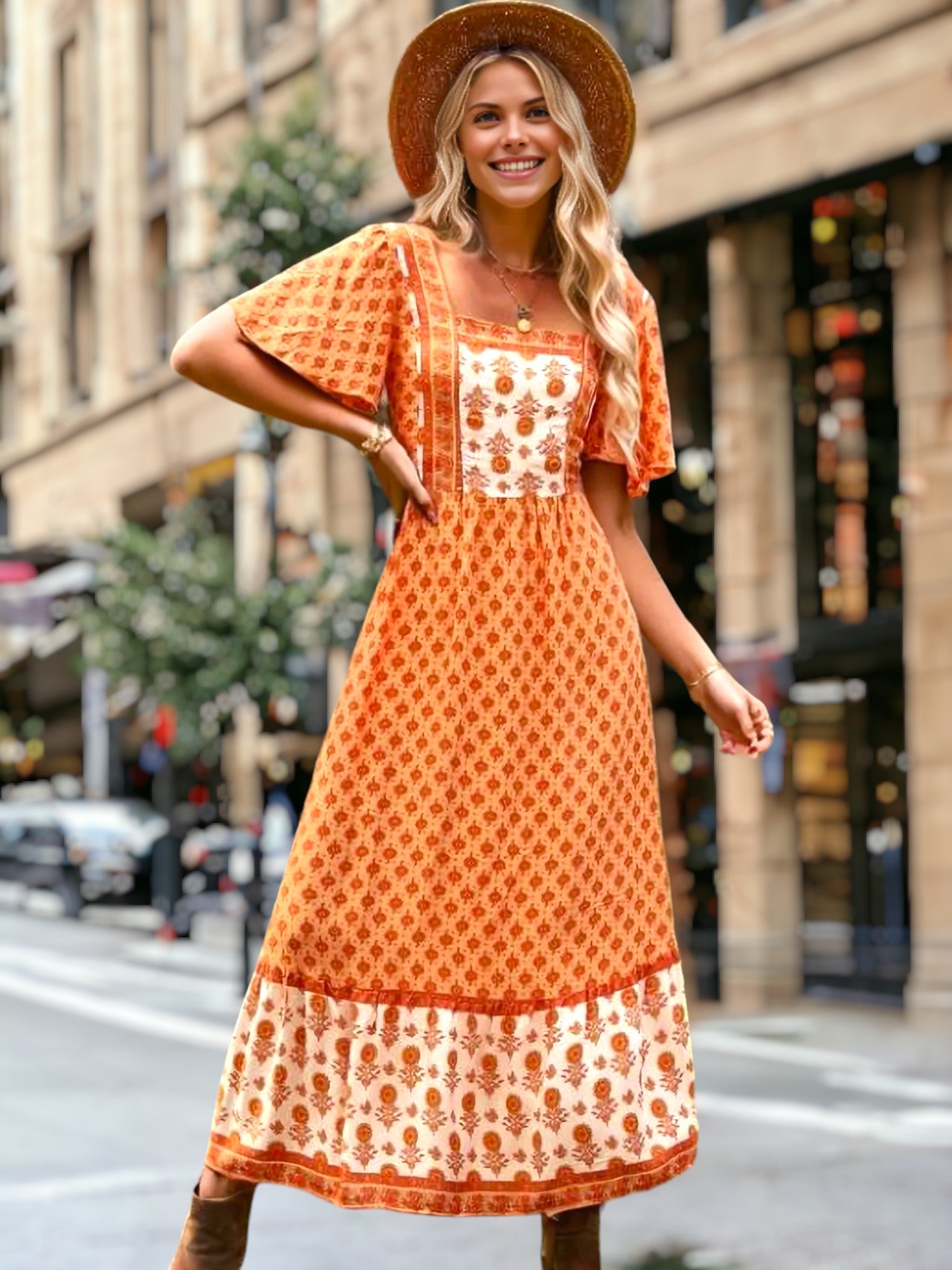 Square Neck Boho Print Maxi Dress for Women Above Ankle Length Anna Kaci