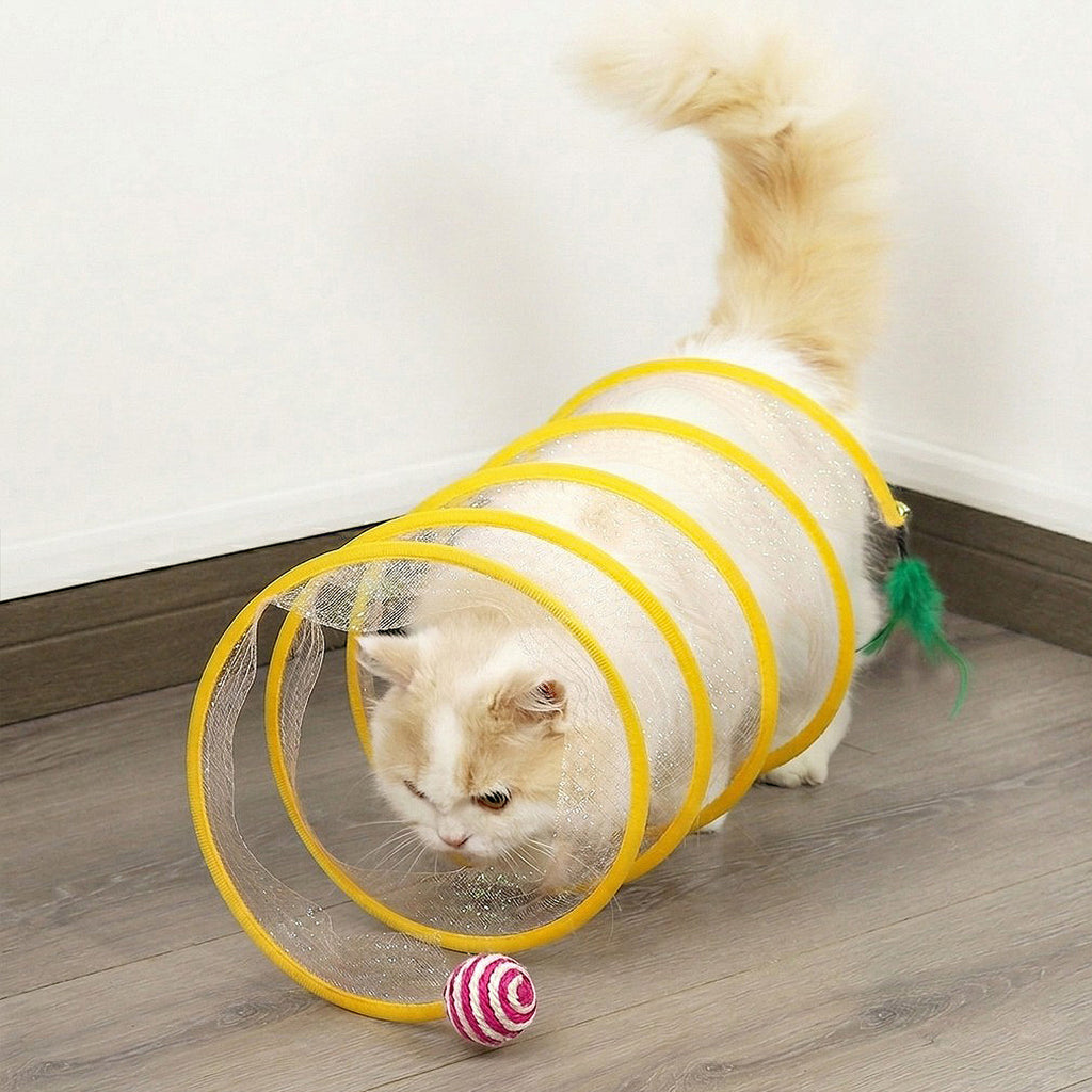Anna-Kaci Collapsible Cat Spring Tunnel Toy with Mesh Fabric Hanging Ball Interactive Cat Toy