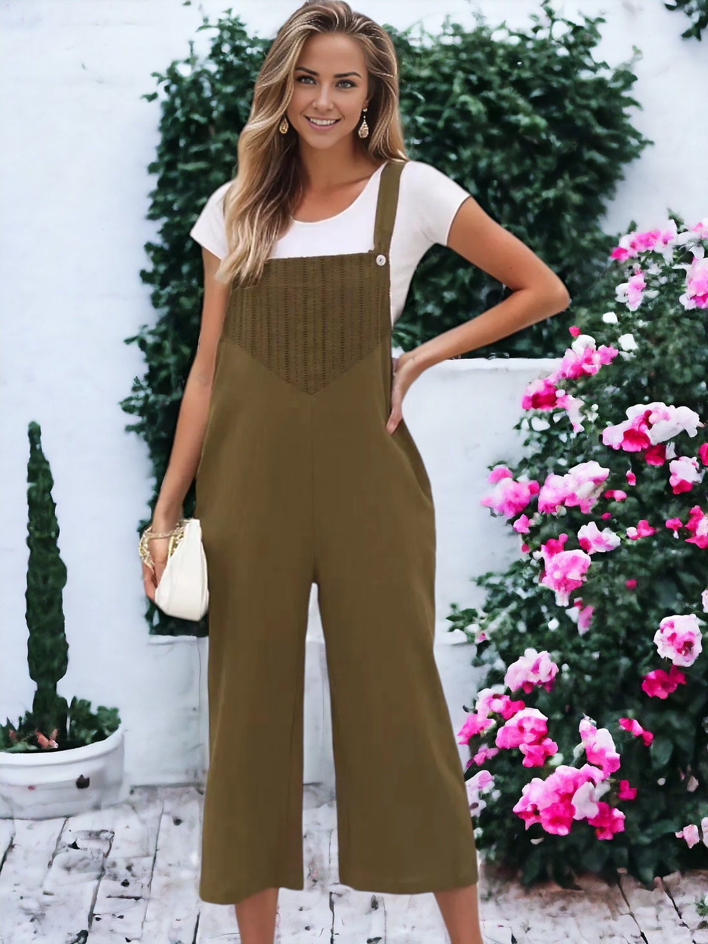 Solid Color Eyelet Detail Overalls