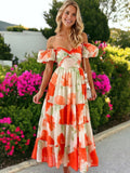 Vestido largo cruzado con espalda fruncida y estampado floral con mangas abullonadas