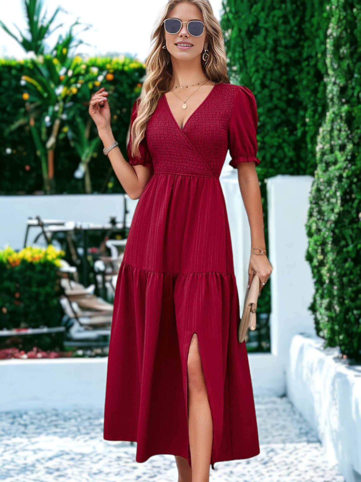 V-Neck Puff Sleeved Ruffle Slit Dress