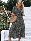 Vestido midi de manga corta con estampado de leopardo y cintura fruncida