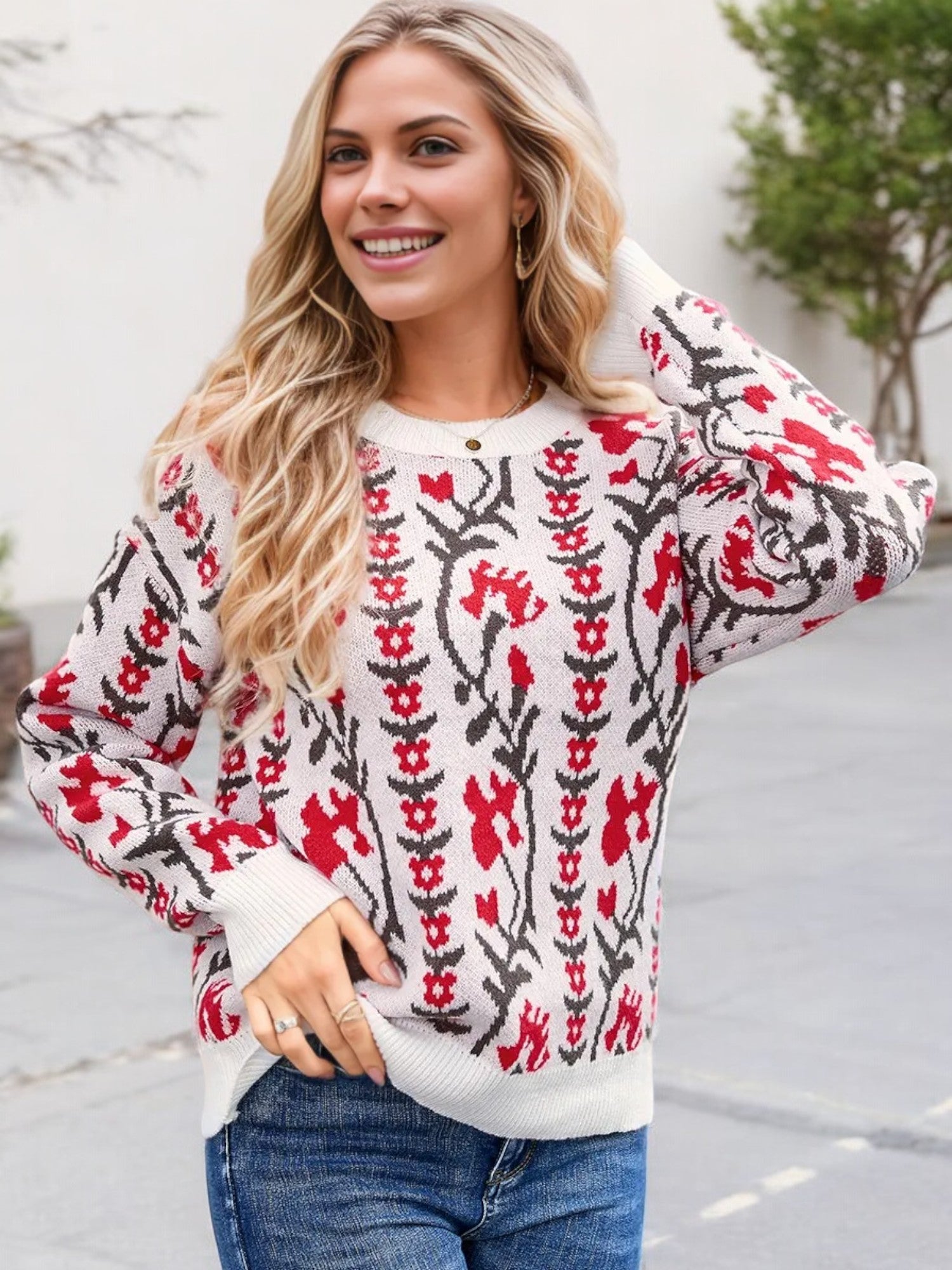 Anna-Kaci Women's Floral Knit Sweater with Crew Neck and Long Sleeves