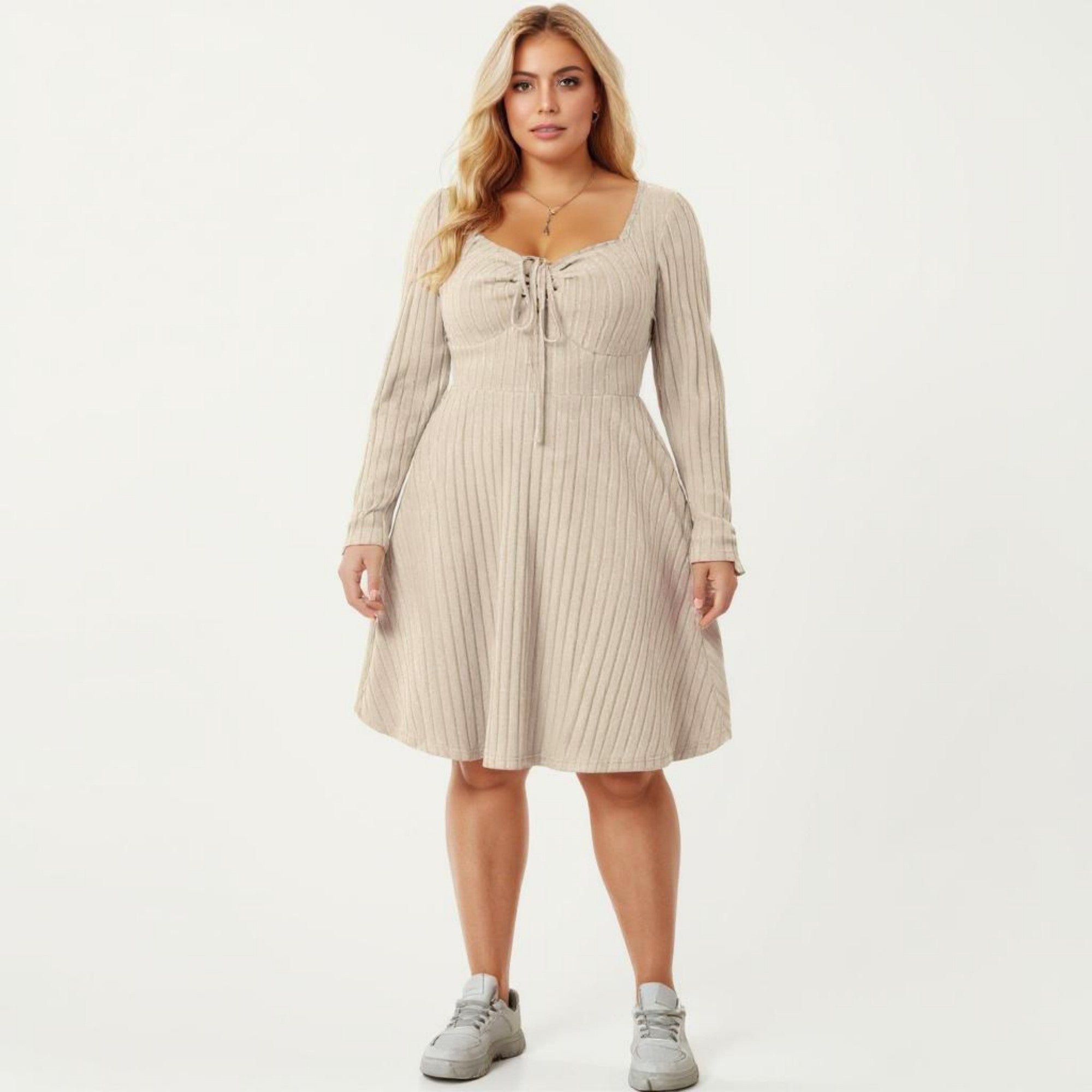 Anna-Kaci Women's Plus Size Long Sleeve Ribbed Knit Dress with Tie Front Detail and Flared Skirt