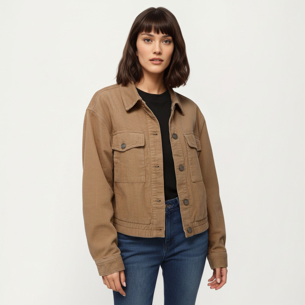 Anna-Kaci Women's Button Front Utility Jacket with Soft Corduroy Texture and Structured Collar Design