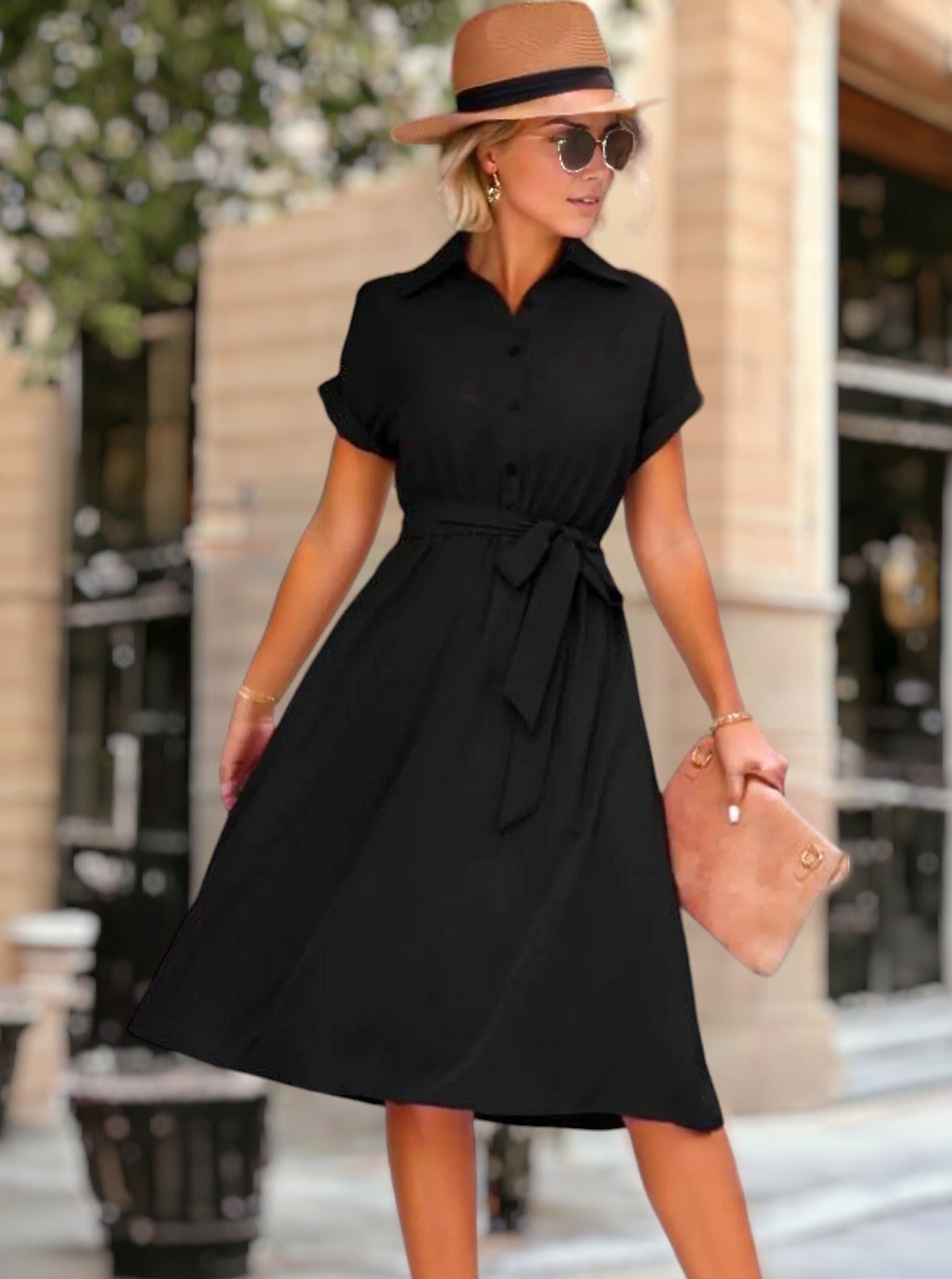 Solid Classic Half Button Collared Dress for Women Knee Length