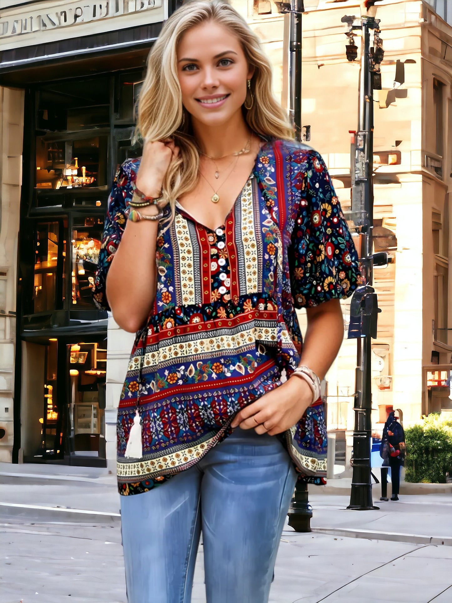 Tassel Tie Neck Puff Sleeve Top