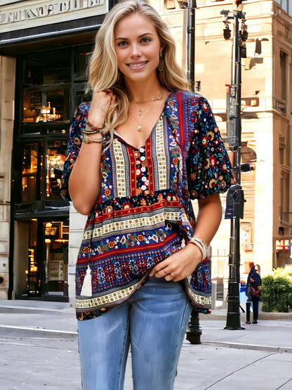 Tassel Tie Neck Puff Sleeve Top