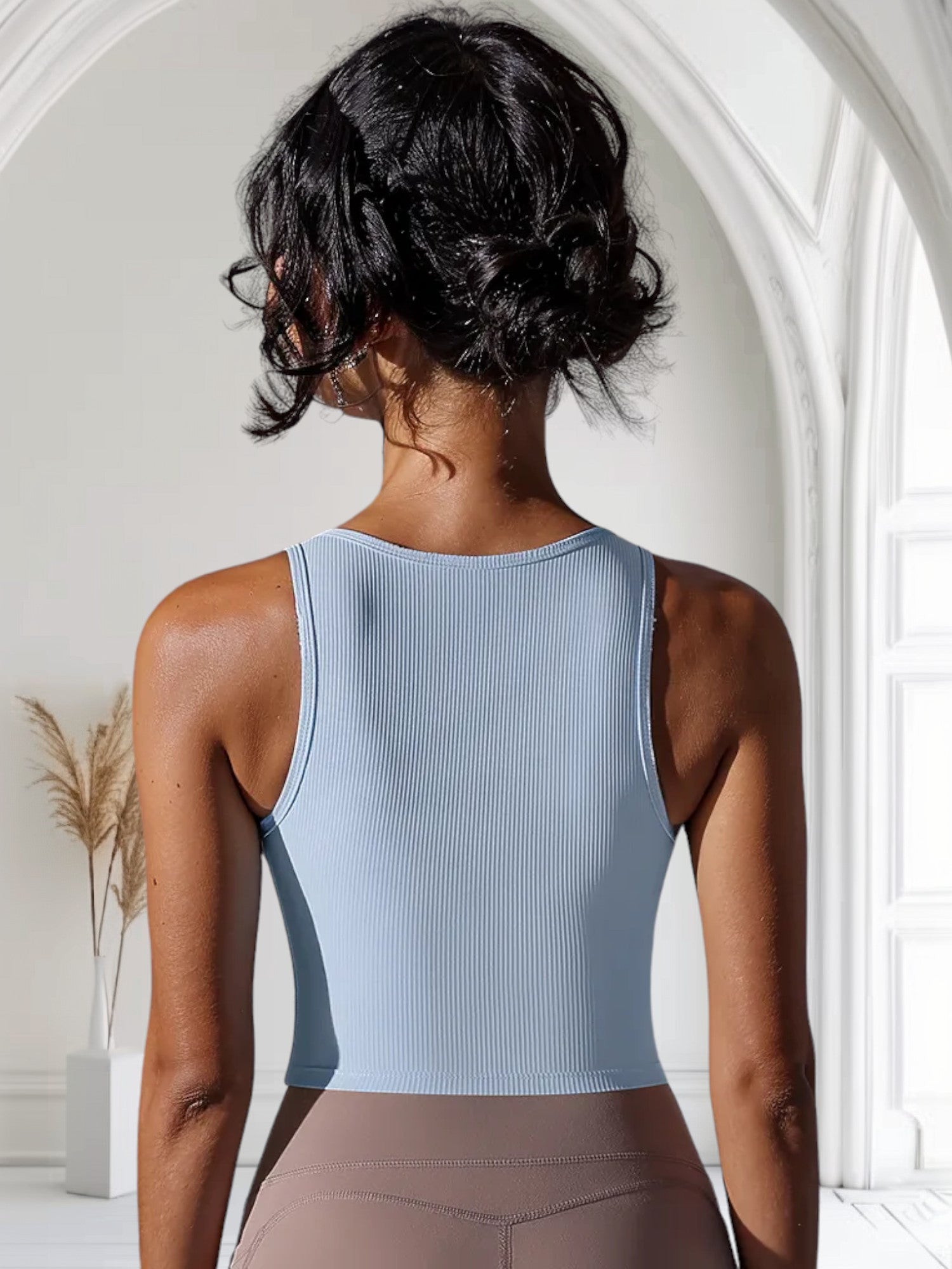 Women's Ribbed Knit Crop Top with Notch Neckline and Sleeveless Design