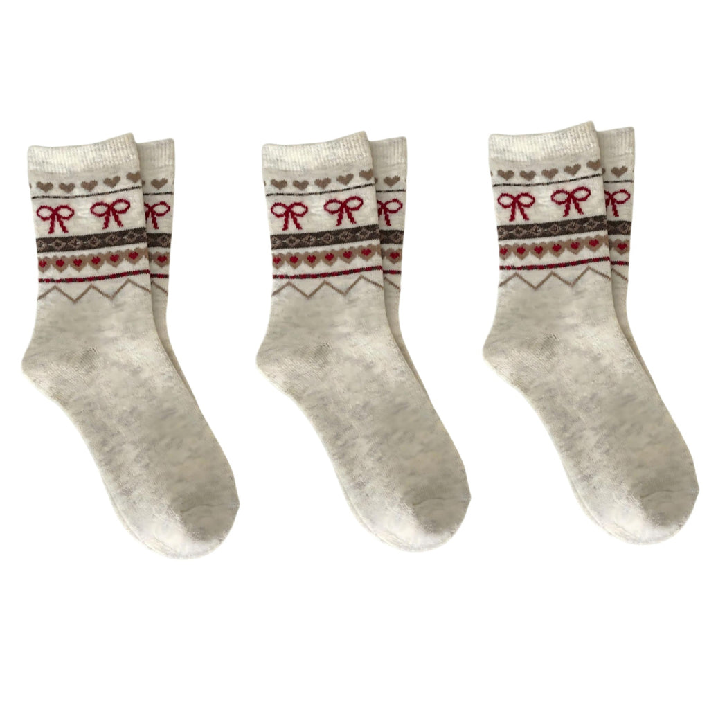 Anna-Kaci Women's 3-Pair Ribbed Knit Crew Socks with Bow and Nordic Pattern Detail
