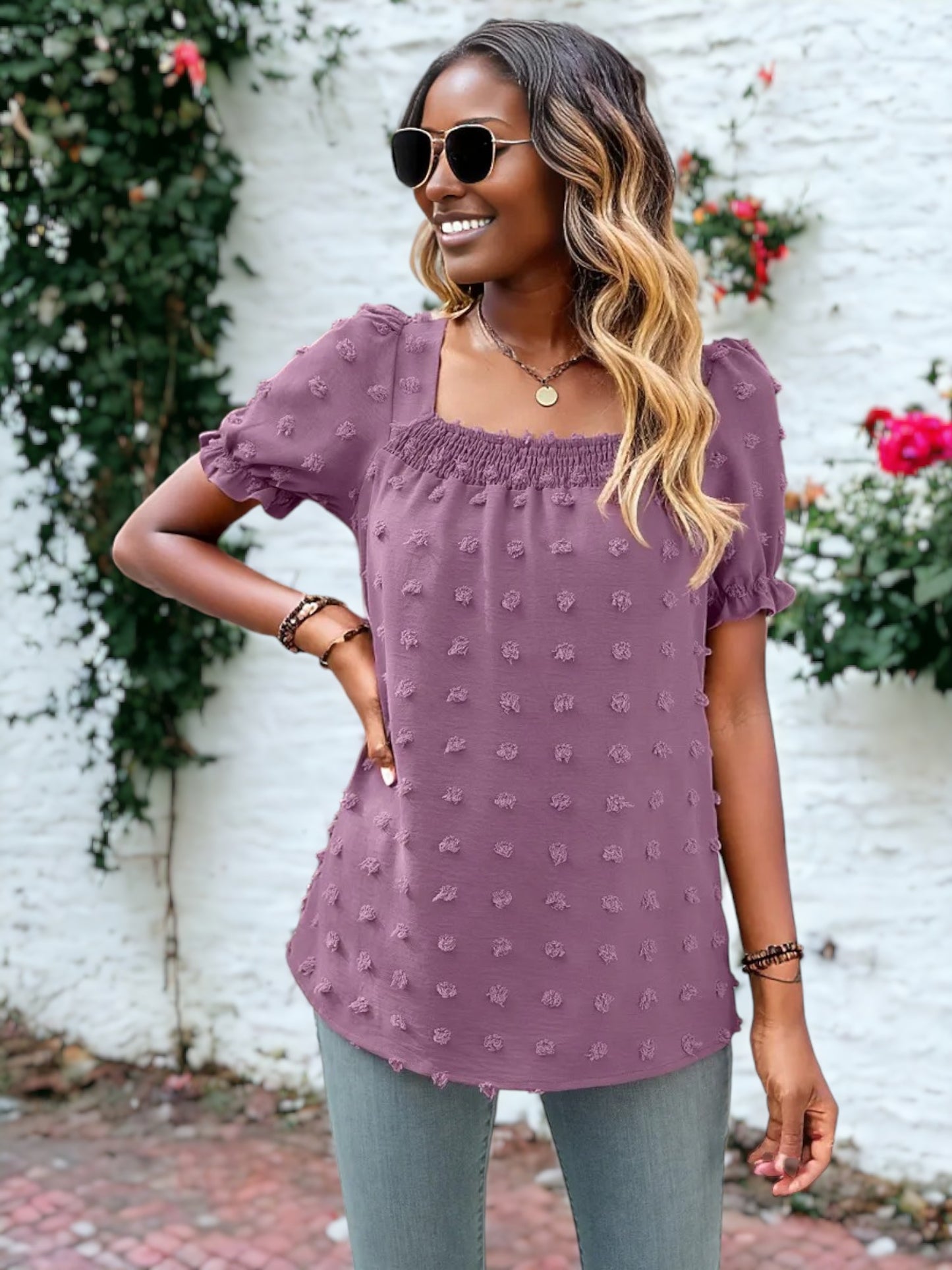 Shirred Square Neck Puff Sleeve Blouse
