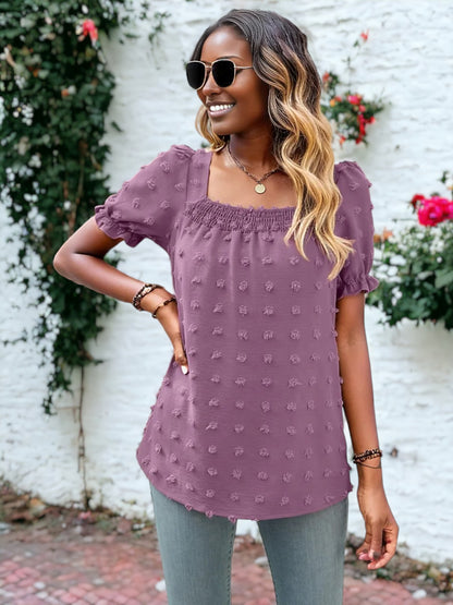 Shirred Square Neck Puff Sleeve Blouse