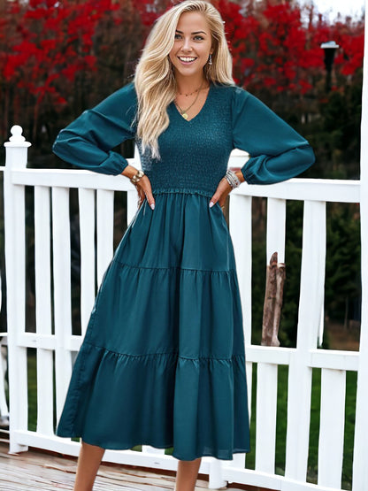 Shirred V Neck Tiered Dress