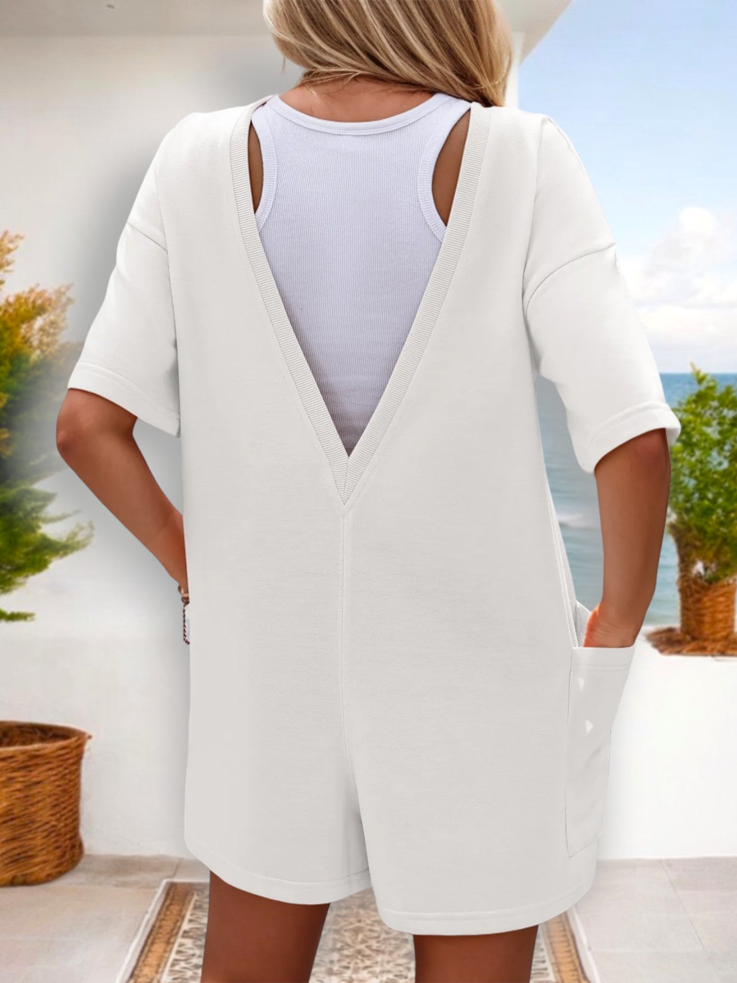 Mono informal de manga corta con bolsillos para mujer