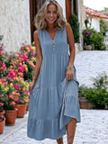 Vestido midi bohemio con volantes, cuello en V y botones detallados para mujer
