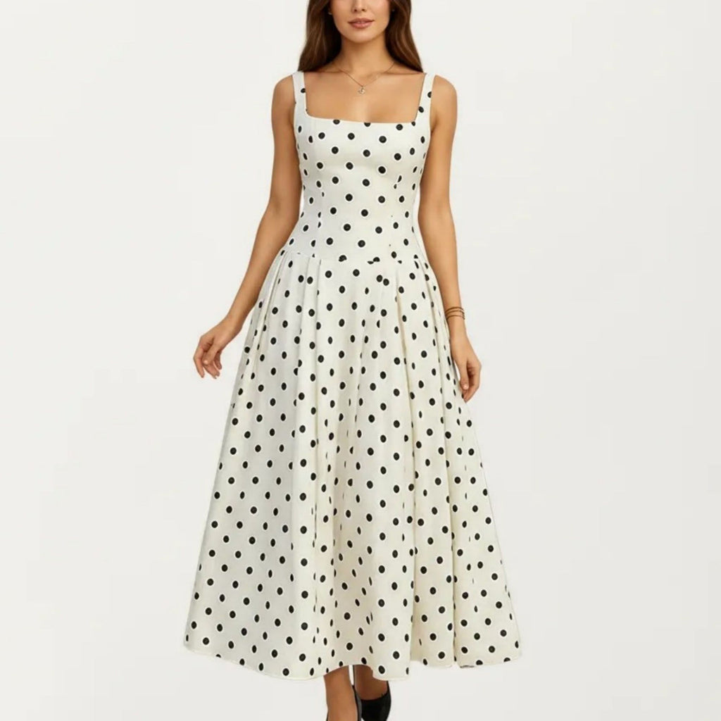 Anna-Kaci Women's Polka Dot Midi Dress with Square Neckline Wide Straps Fitted Bodice Pleated A Line Skirt Silhouette
