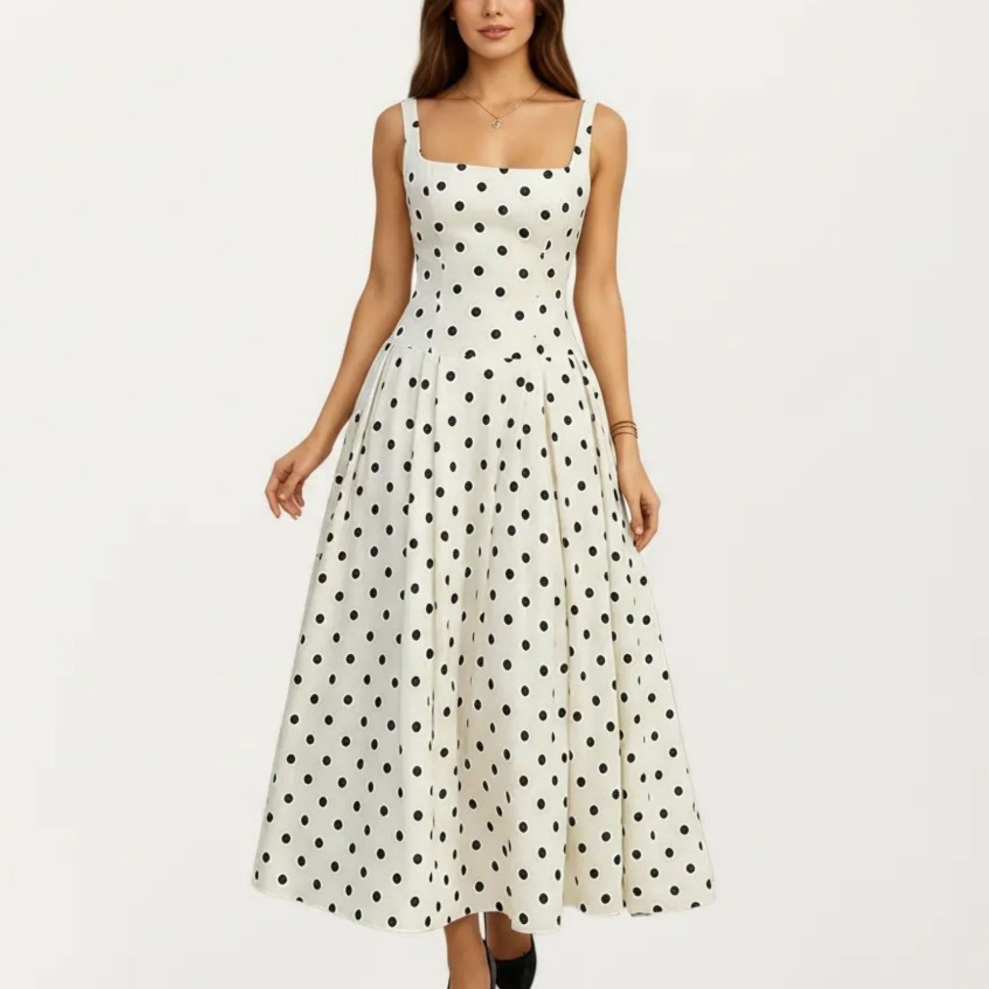 Anna-Kaci Women's Polka Dot Midi Dress with Square Neckline Wide Straps Fitted Bodice Pleated A Line Skirt Silhouette