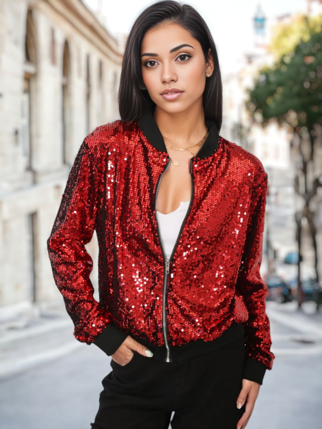 Sequin Bright Color Bomber Zip-Up Solid Jacket