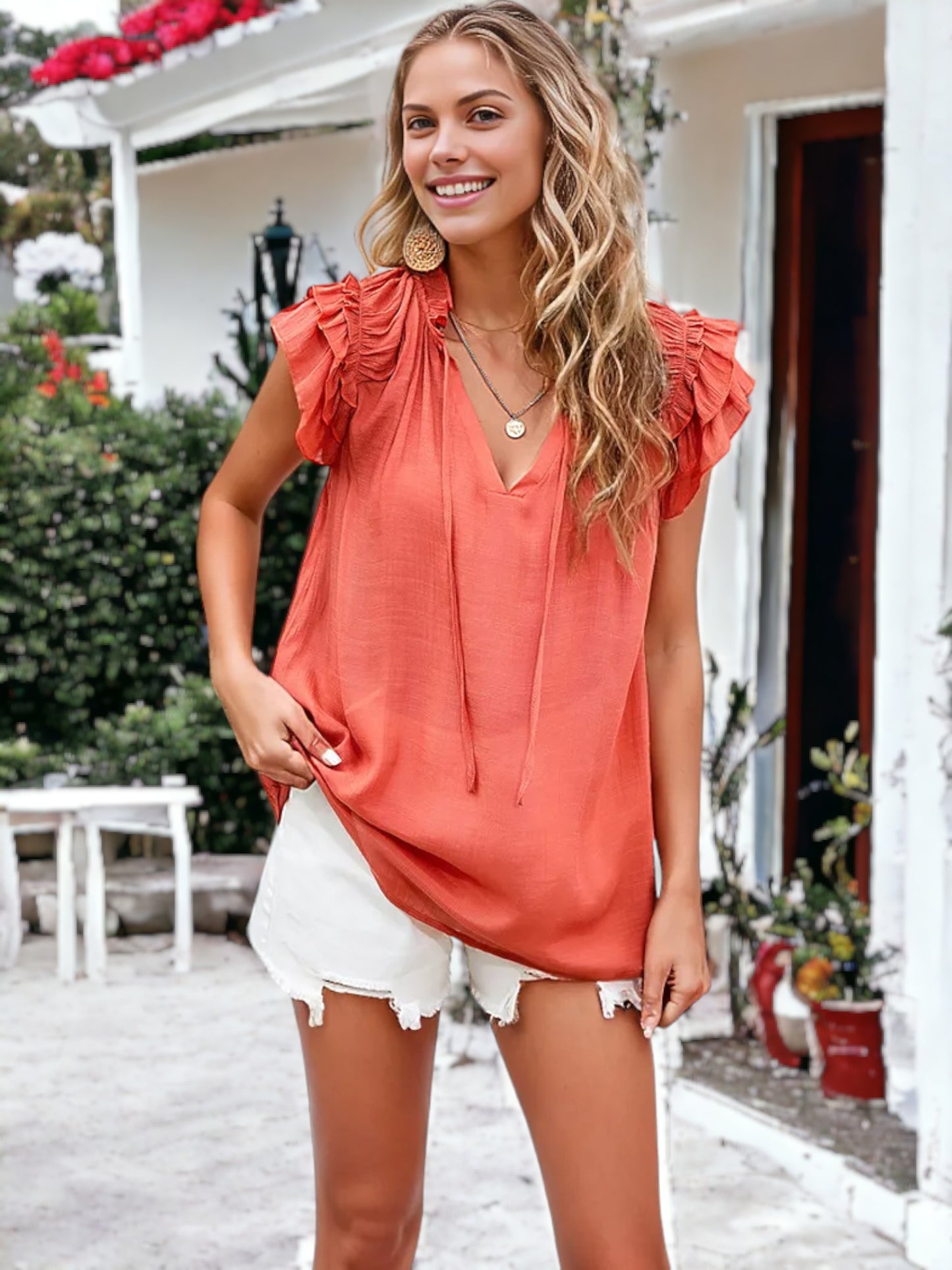 Pleated Tie Neck Ruffle Sleeve Soft Blouse