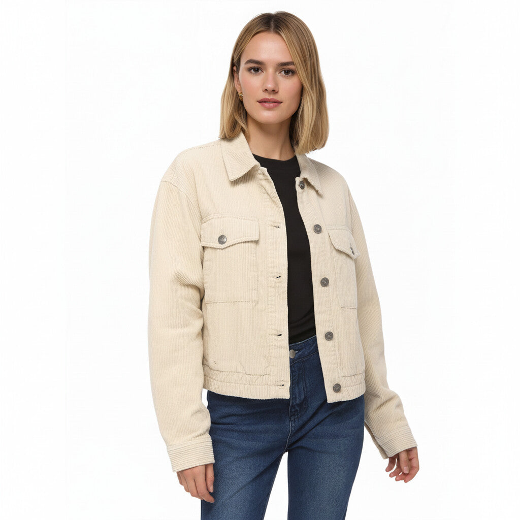 Anna-Kaci Women's Button Front Utility Jacket with Soft Corduroy Texture and Structured Collar Design