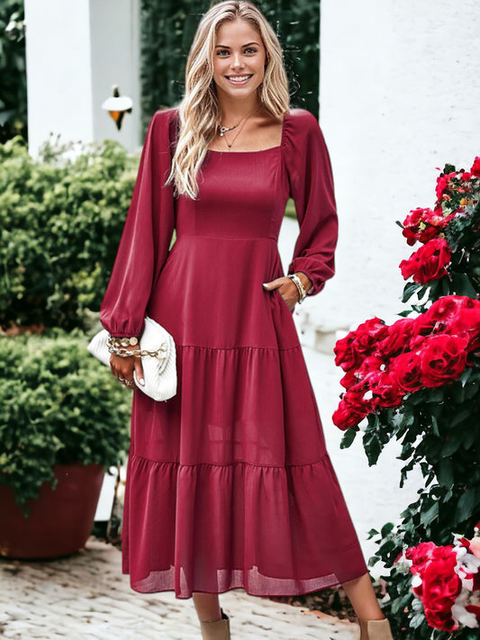 Square Neck Bishop Sleeve Midi Dress