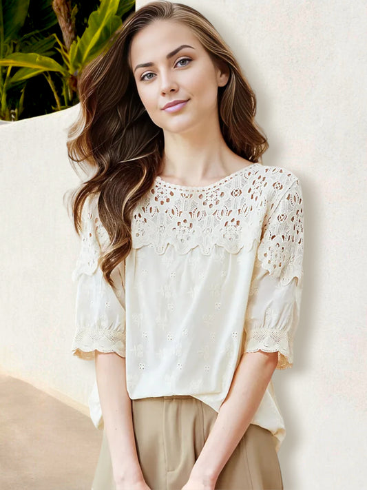 Anna-Kaci Women's Embroidered Lace Blouse with Scalloped Edge Sleeves