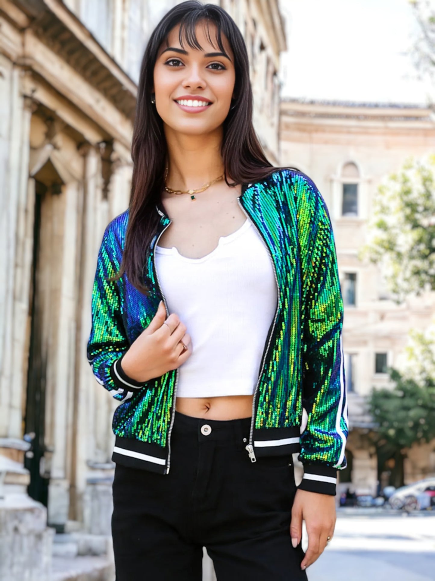 Chaqueta universitaria con lentejuelas metálicas a rayas 