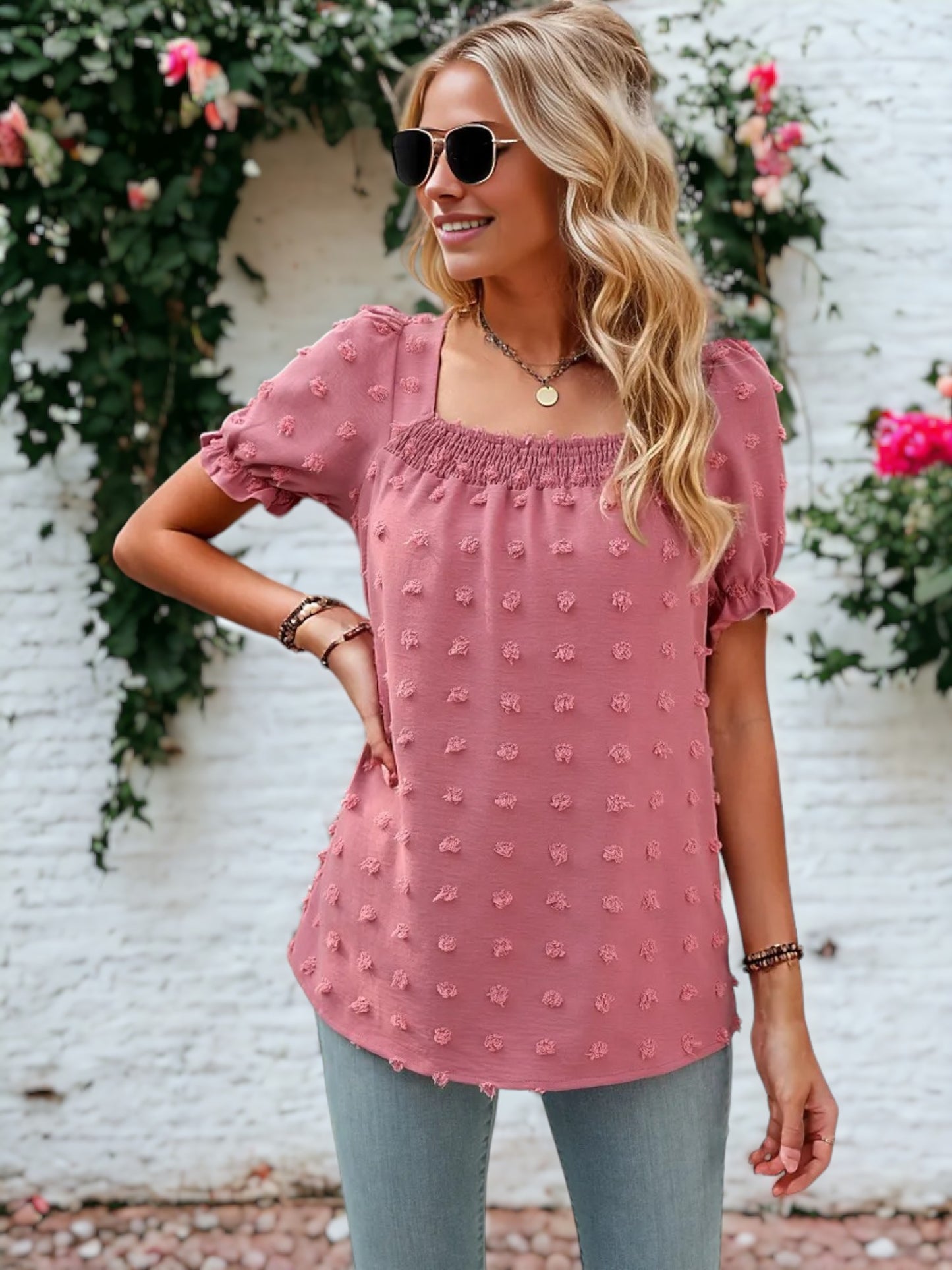 Shirred Square Neck Puff Sleeve Blouse