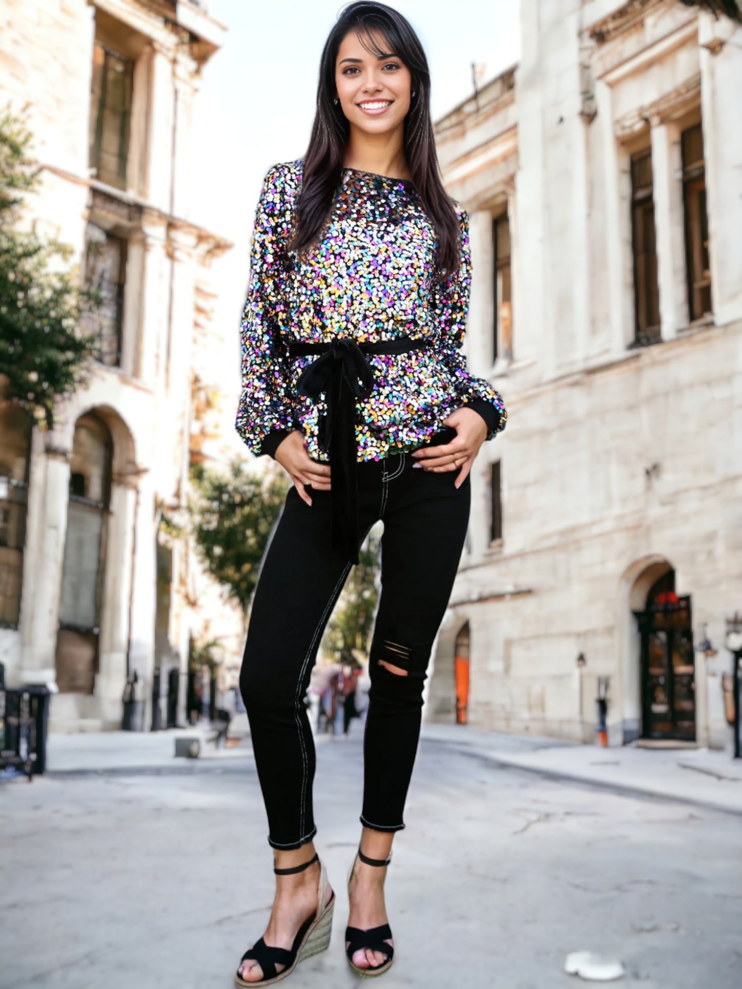 Suéter tipo sudadera con lazo en la cintura y lentejuelas para fiesta 