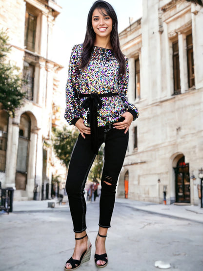 Suéter tipo sudadera con lazo en la cintura y lentejuelas para fiesta 