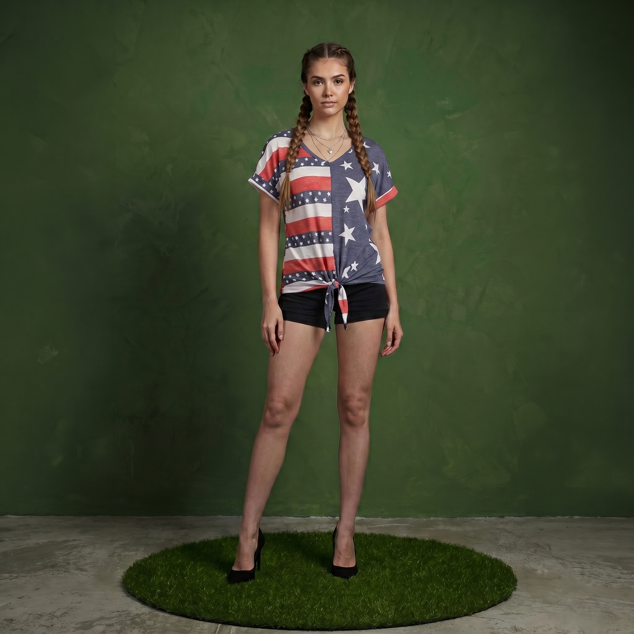 V Neck Flag Print Tie Front Top Shirt