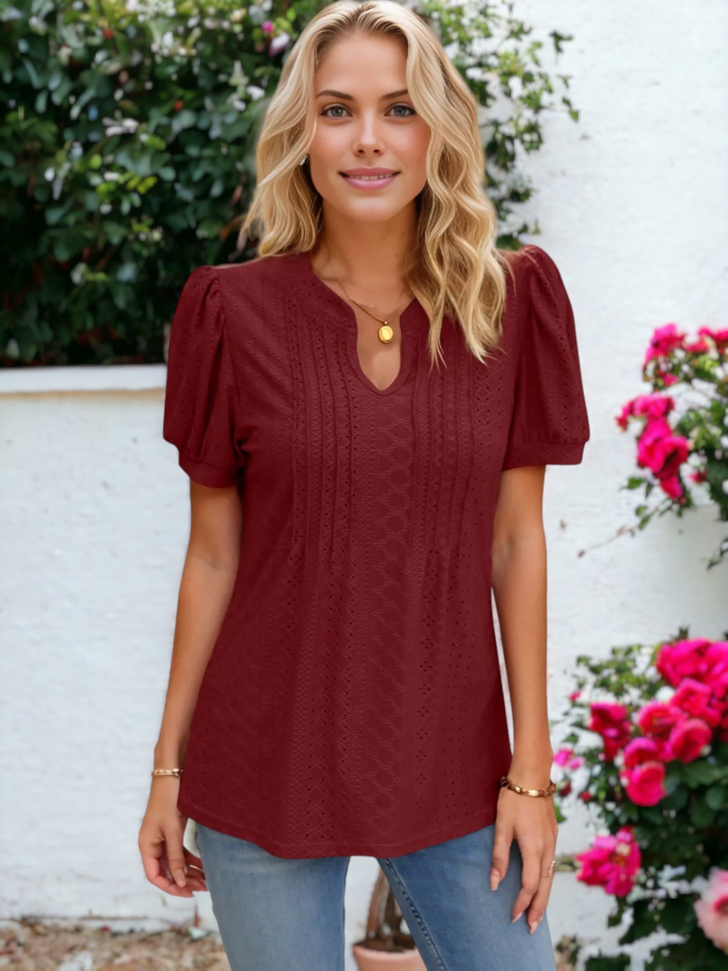 Puffed Sleeve Eyelet Embrodiered Pleated V-Neck Tee