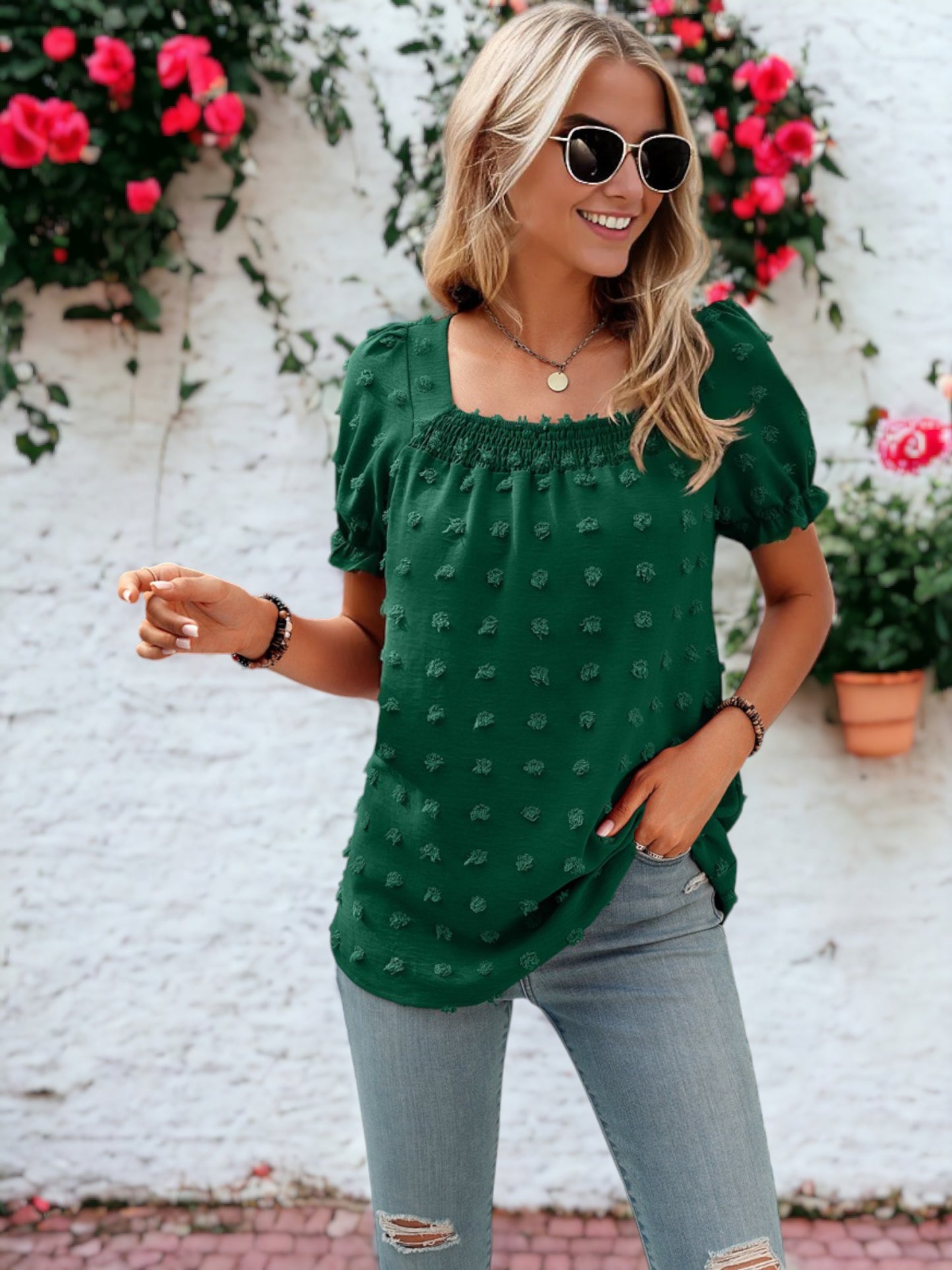 Shirred Square Neck Puff Sleeve Blouse