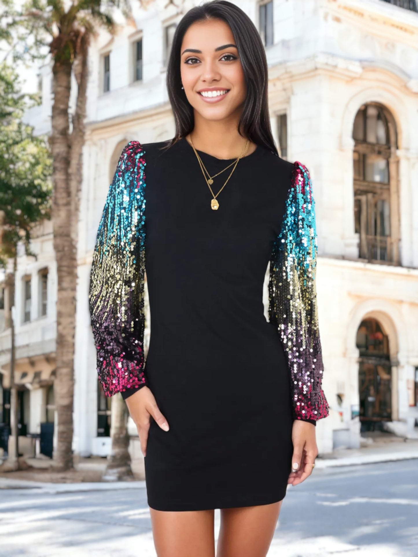 Vestido estilo jersey de cuello redondo y manga larga con lentejuelas de confeti Bishop 
