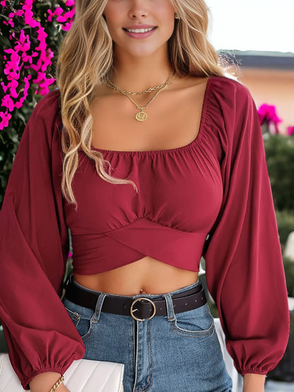 Lantern Sleeves Lace-Up Waist Chiffon Crop Top