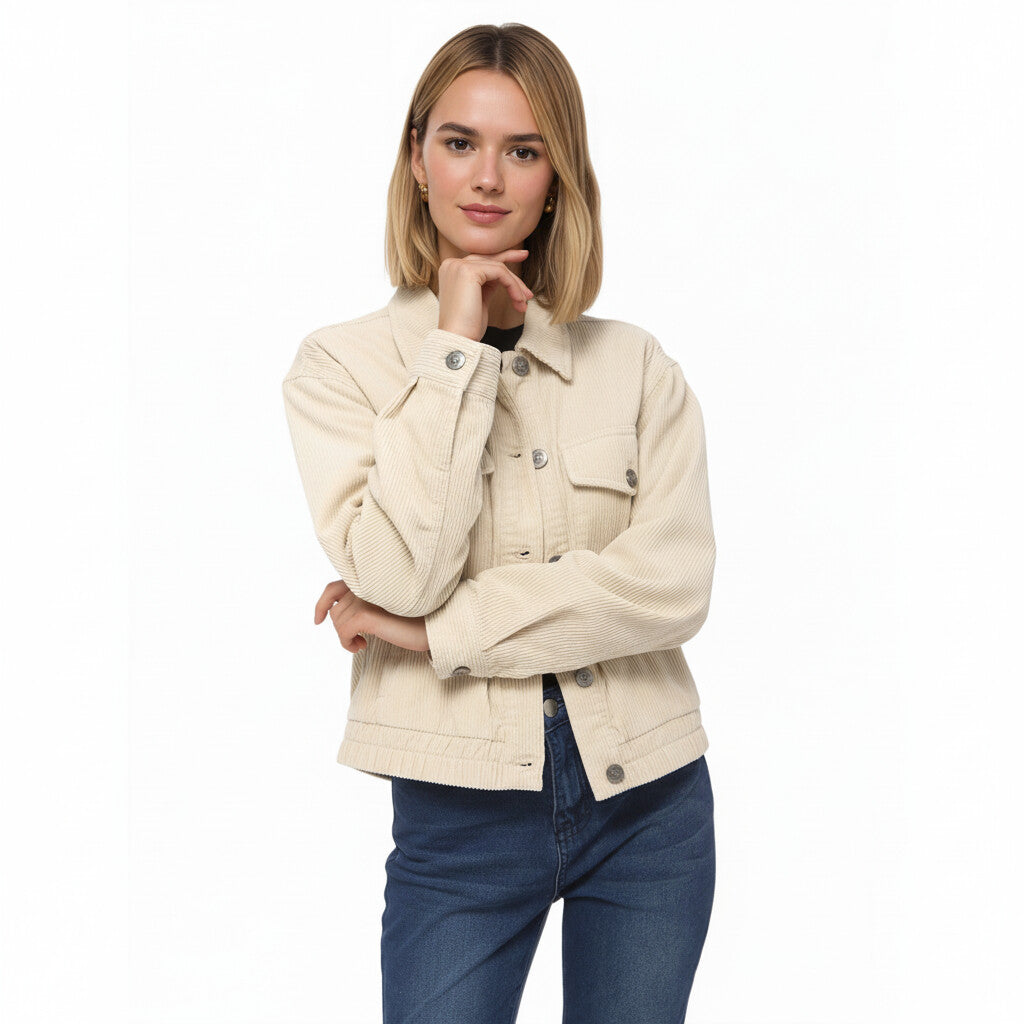Anna-Kaci Women's Button Front Utility Jacket with Soft Corduroy Texture and Structured Collar Design