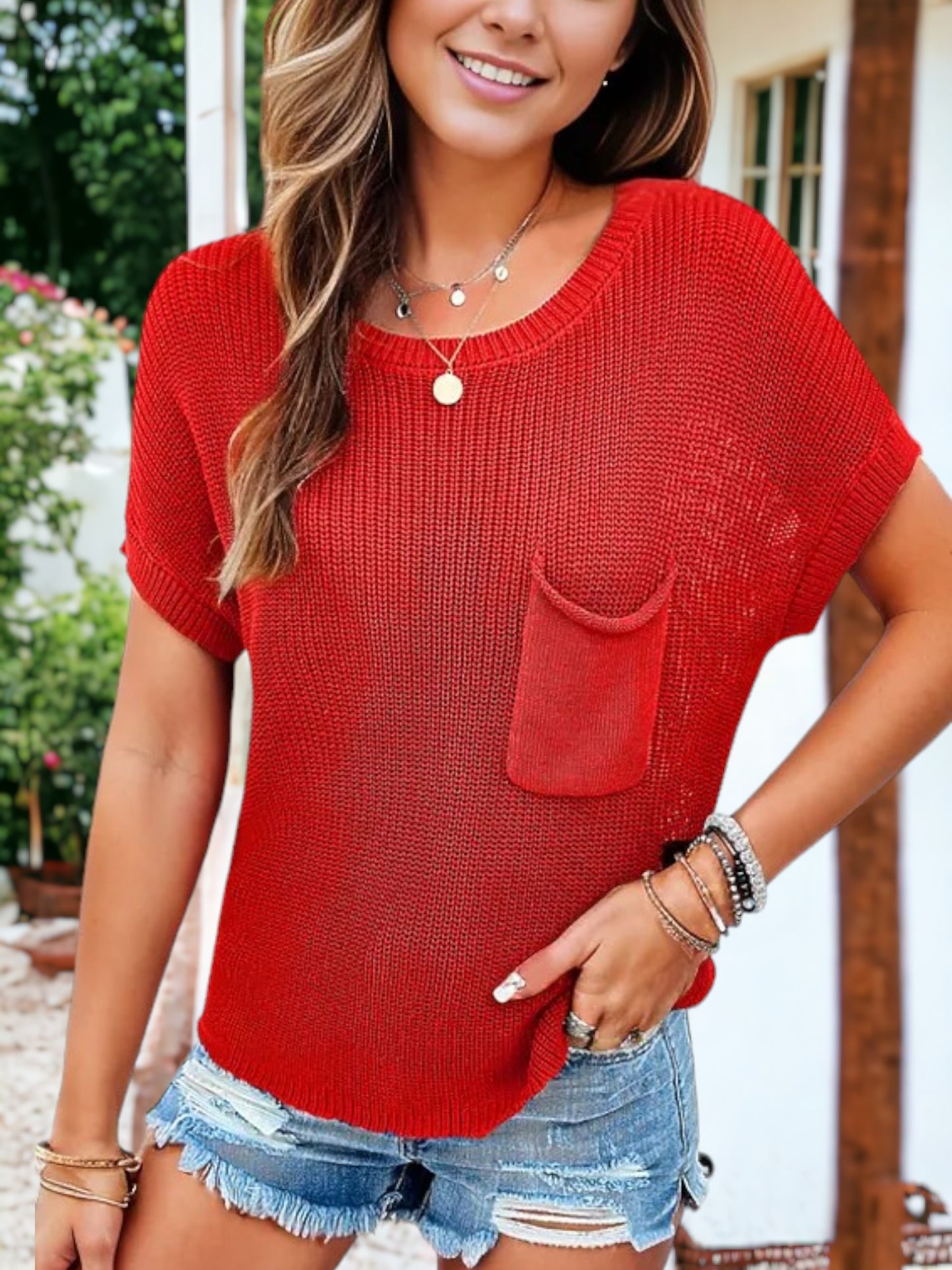 Dolman Sleeve Front Pocket Knit Top Pullover Sweater