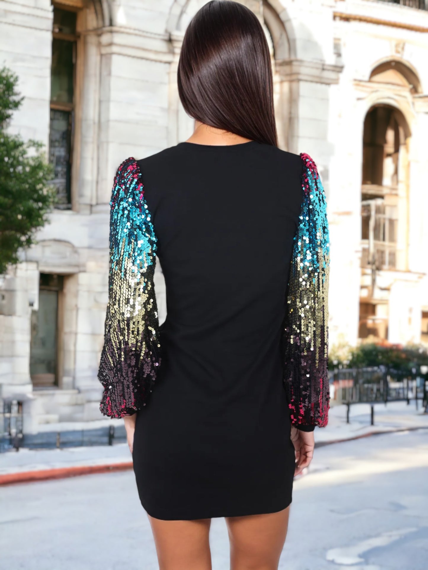 Vestido estilo jersey de cuello redondo y manga larga con lentejuelas de confeti Bishop 