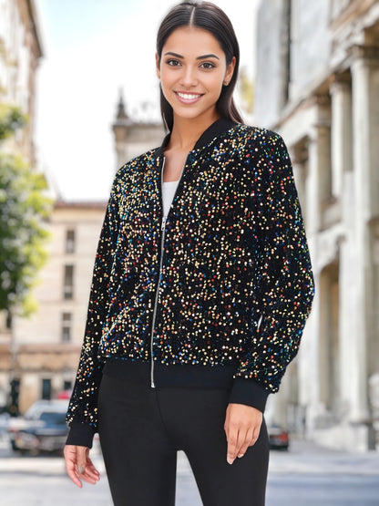 Chaqueta bomber con cremallera y base de terciopelo con lentejuelas
