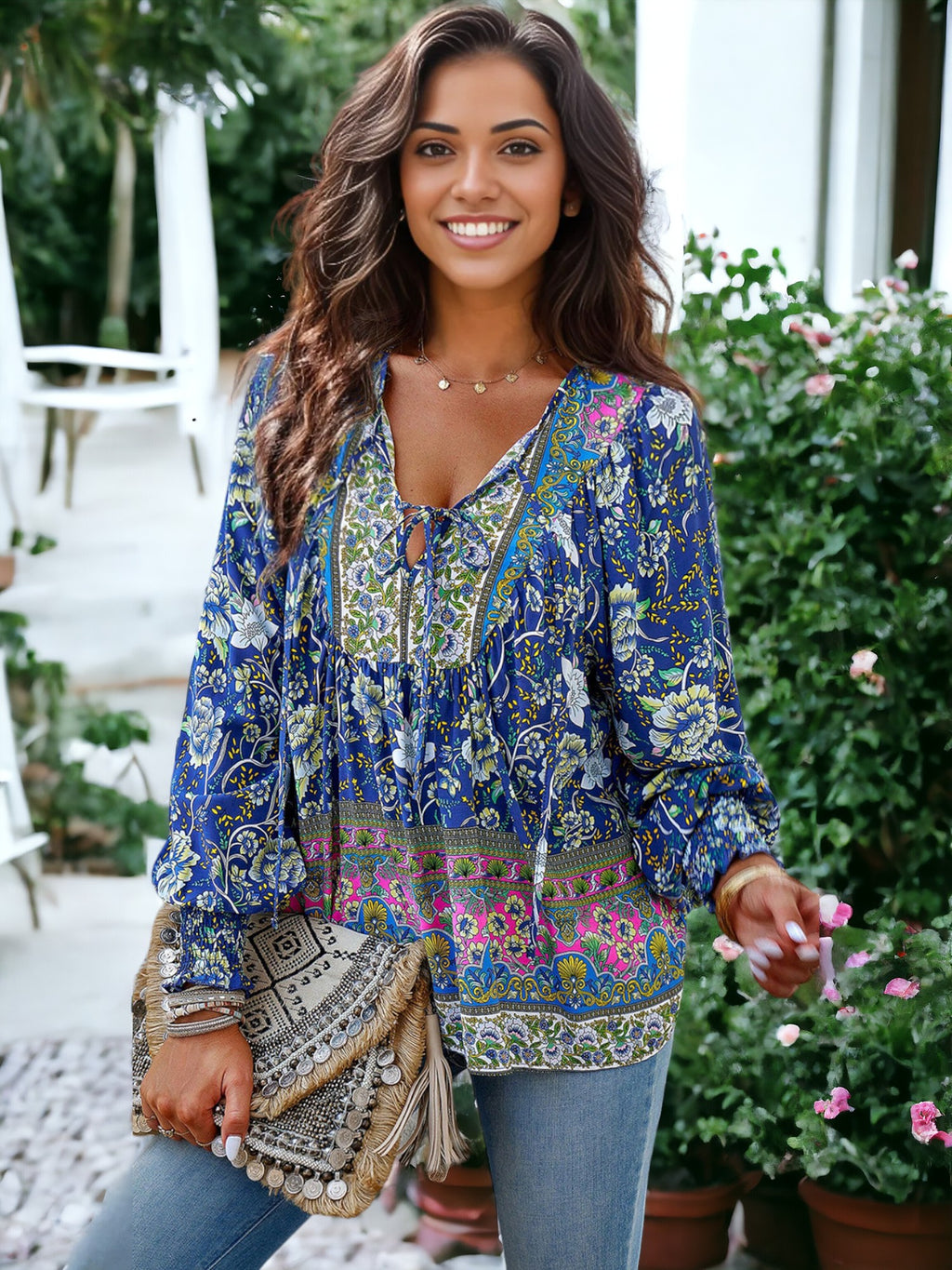 Blusa bohemia con escote en V y lazo en la parte delantera