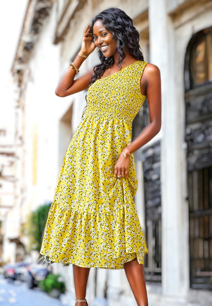 Vestido fruncido de un solo hombro