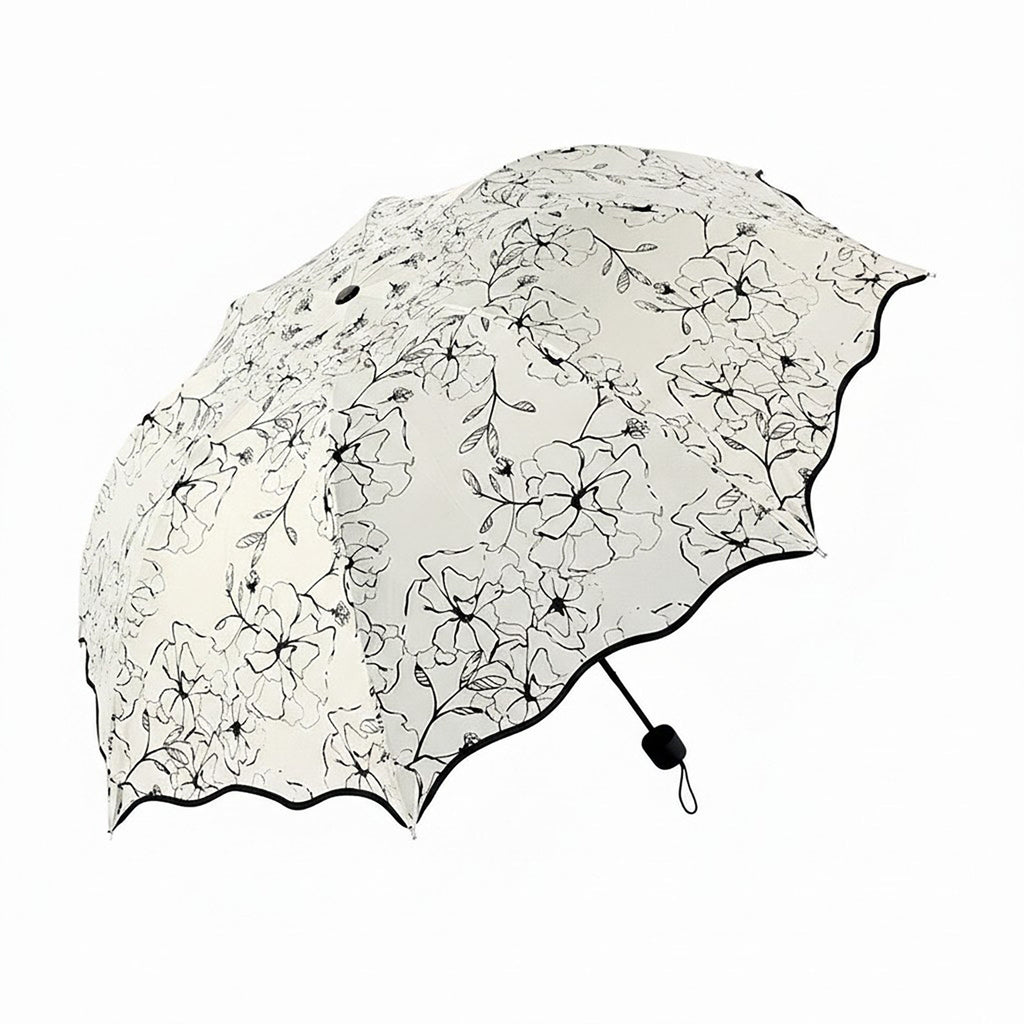 Anna-Kaci Floral Print Compact Umbrella with Scalloped Trim Canopy Automatic Open and Wind Resistant Frame