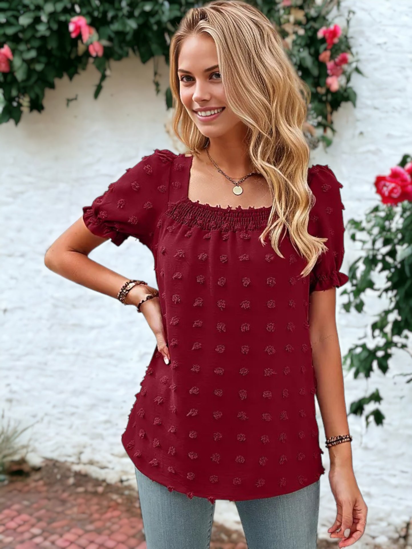 Shirred Square Neck Puff Sleeve Blouse