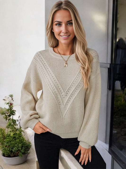 Anna-Kaci Women's Chevron Knit Sweater - Long Sleeve Pullover with V-Pattern Detail