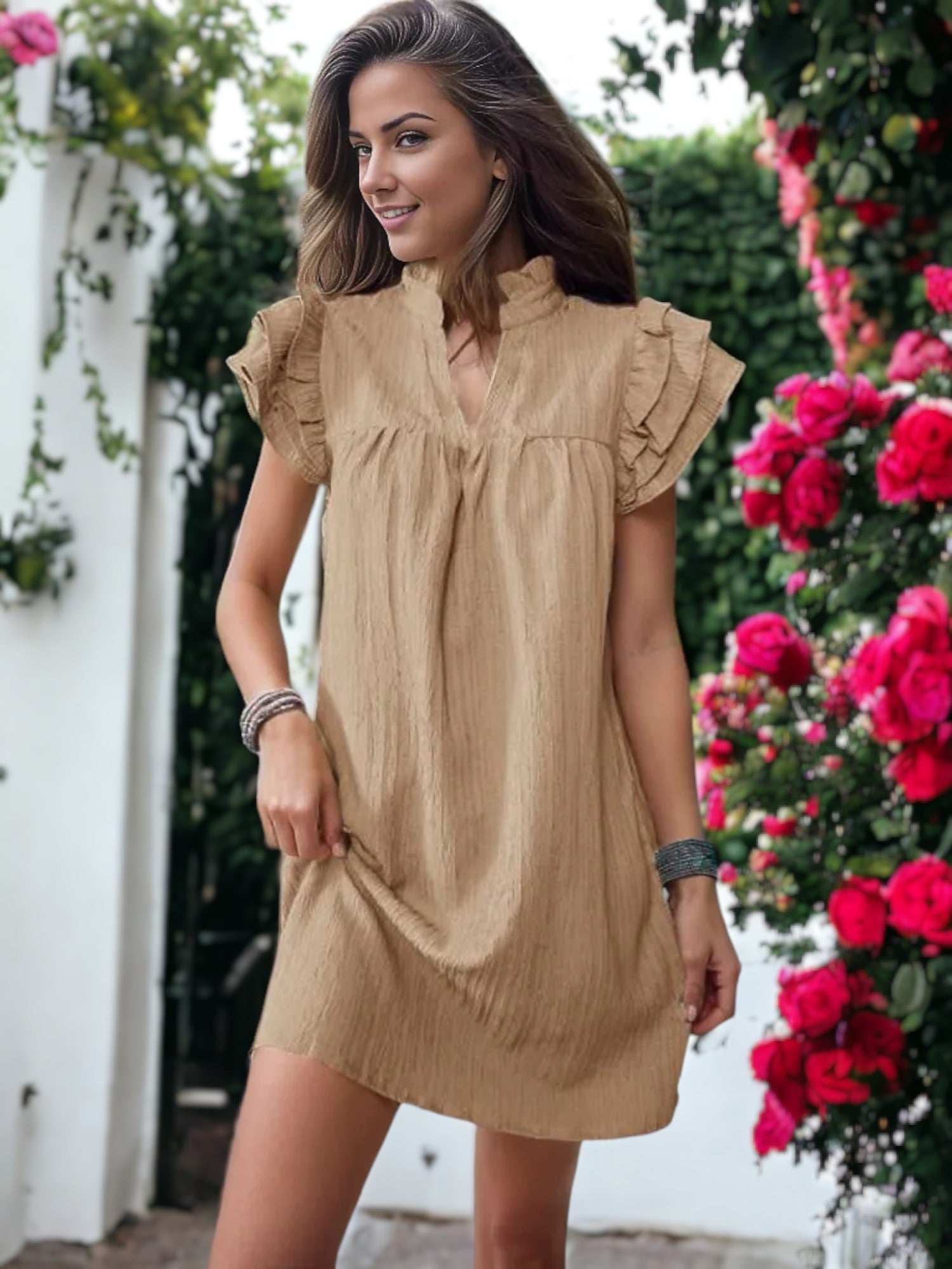 Stand Up Collar Ruffle Sleeve Dress