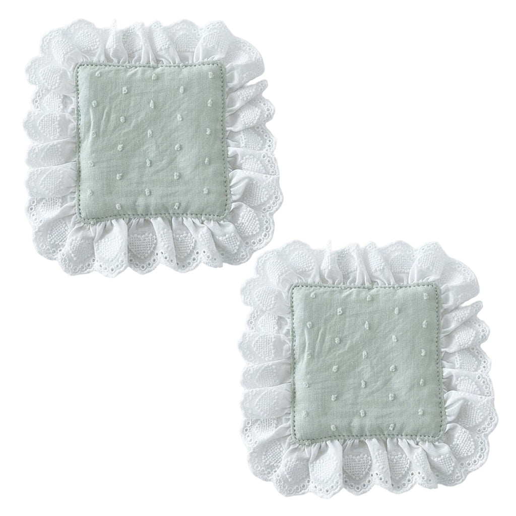 Anna-Kaci 2-PC Lace Trim Square Fabric Cup Coaster with Soft Padded Center and Embroidered Detail